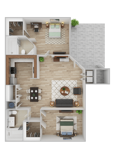 Floor plan for 2 beds, 2 baths, 939 sqft